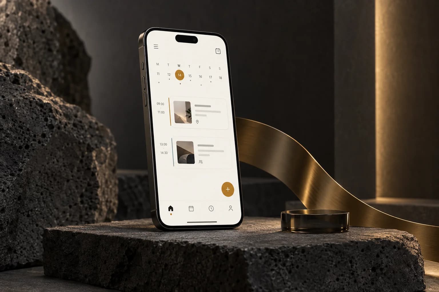 A graphite iPhone with a simple scheduling interface stands on dark stone beside a flowing brass ribbon.