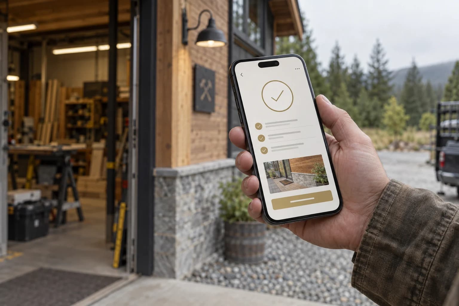 A hand holds an iPhone showing a completed service checklist outside a timber workshop.